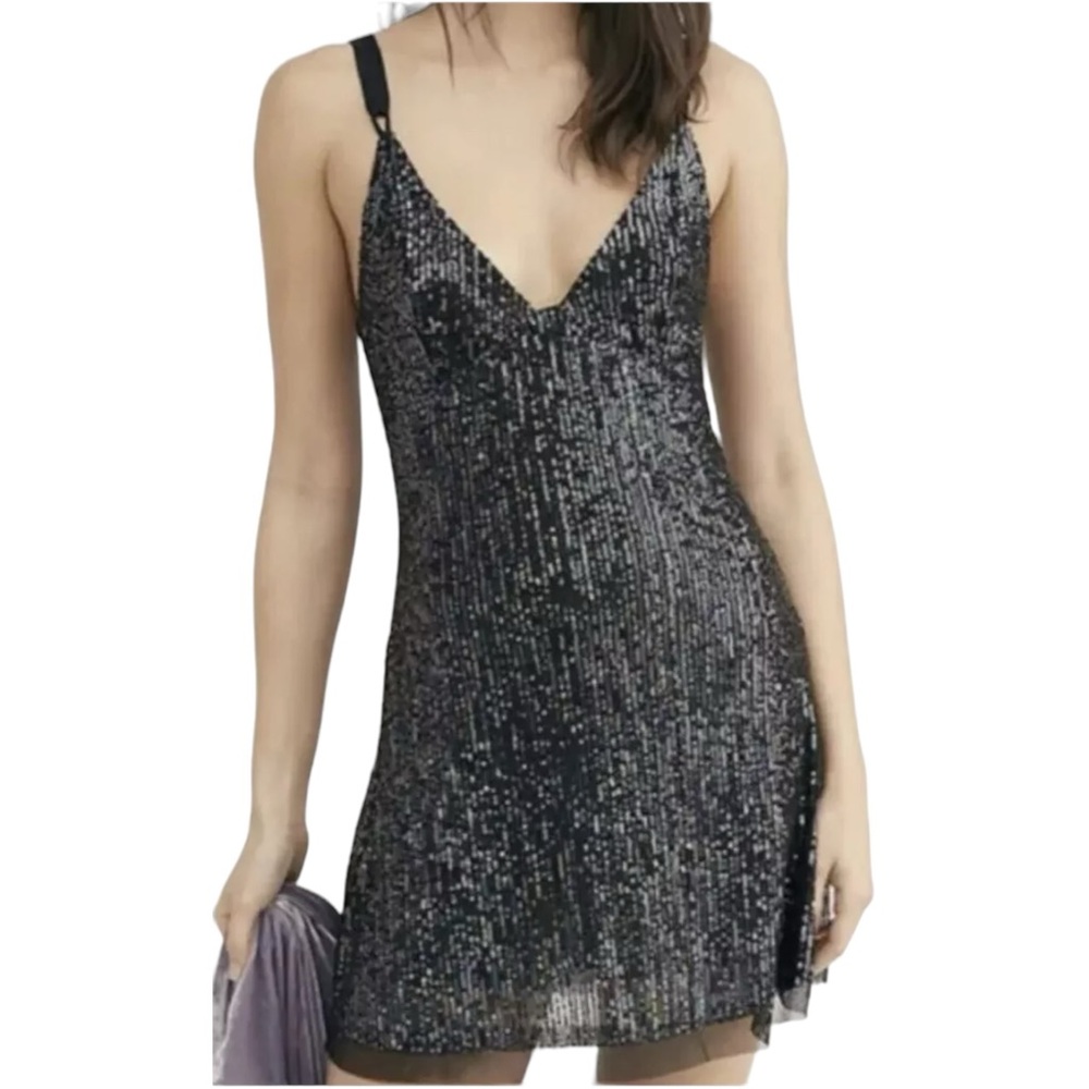 FREE PEOPLE Women’s Gold Rush Mini Dress Black Sequined Night Combo